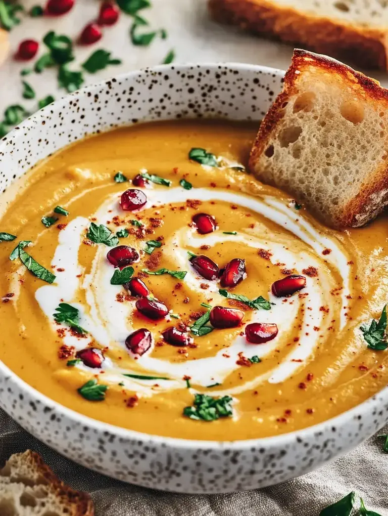 Eine Schüssel mit cremiger Suppe, verziert mit Granatapfelkernen, frischen Kräutern und einem Stück Brot.