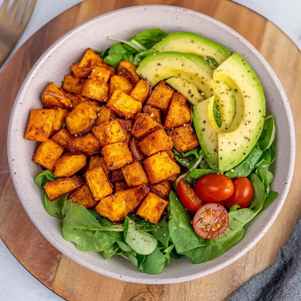 Eine Schüssel mit Salat, belegt mit gewürfelten, gebratenen Süßkartoffeln, Avocado-Scheiben und Kirschtomaten.