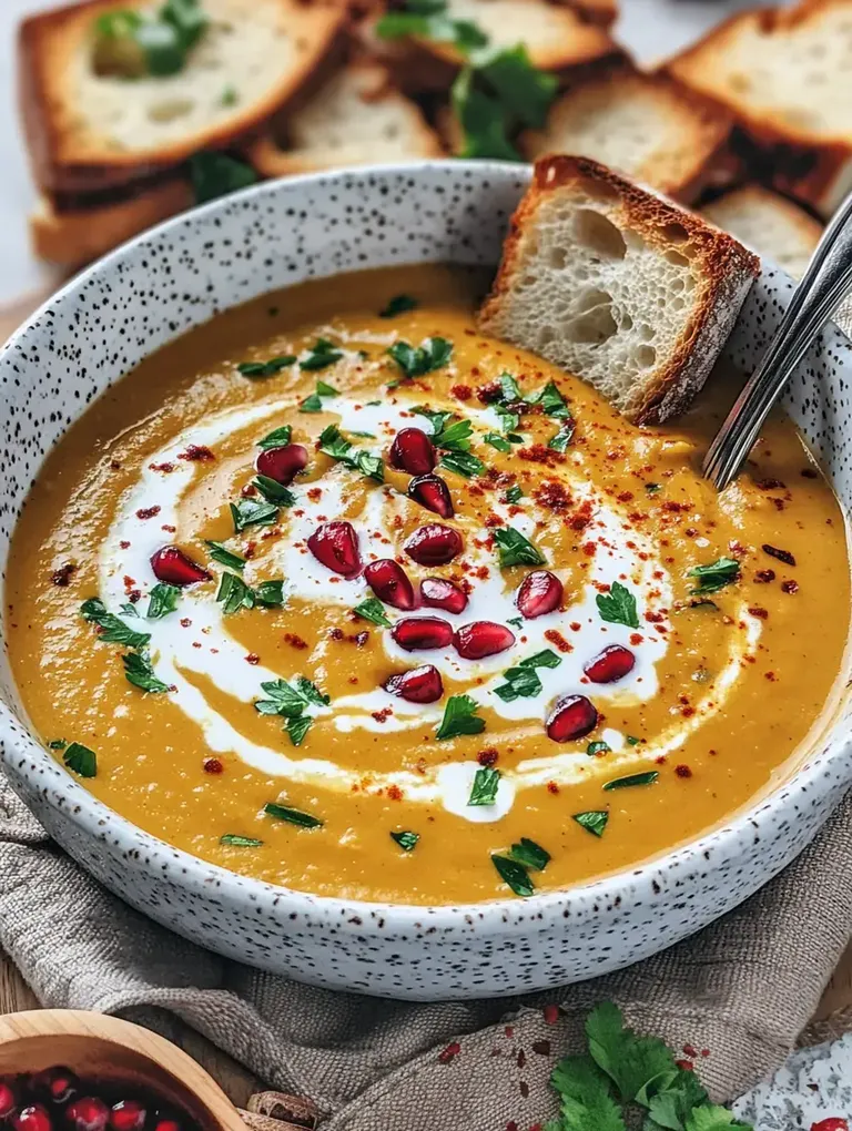 Eine Schüssel mit cremiger, orangefarbener Suppe, garniert mit Koriander, Granatapfelkernen und einem Schuss Sahne, daneben ein Stück geröstetes Brot.