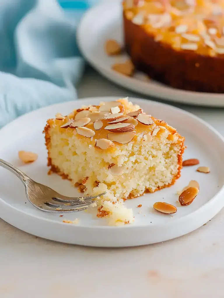 Ein Stück Mandelkuchen auf einem weißen Teller, garniert mit Mandelscheiben und einer Gabel daneben.