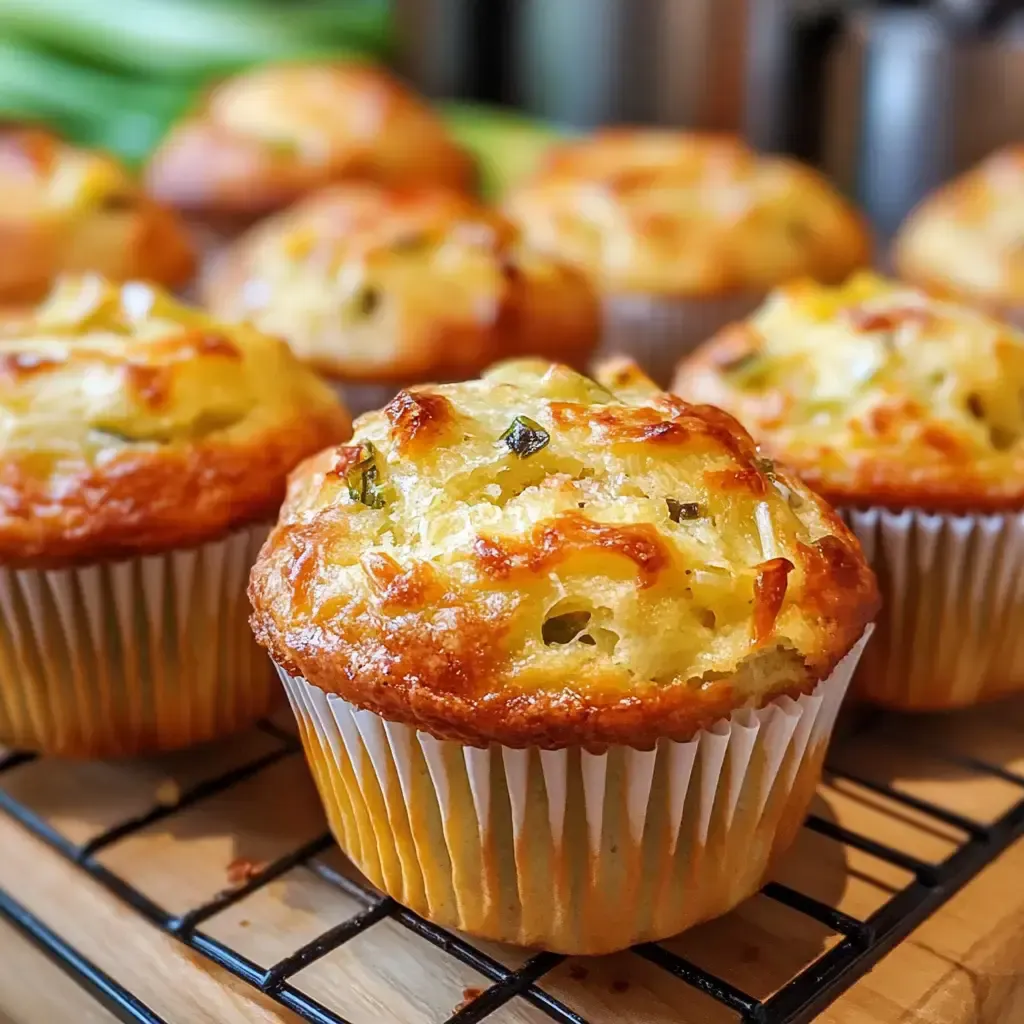 Frisch gebackene, goldbraune Muffins mit einer knusprigen Oberfläche und Stückchen von grünen Zwiebeln.