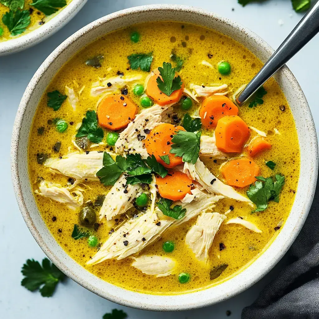Eine Schüssel mit Hühnersuppe, die Hühnerstücke, Karotten, Erbsen und frische Kräuter enthält.