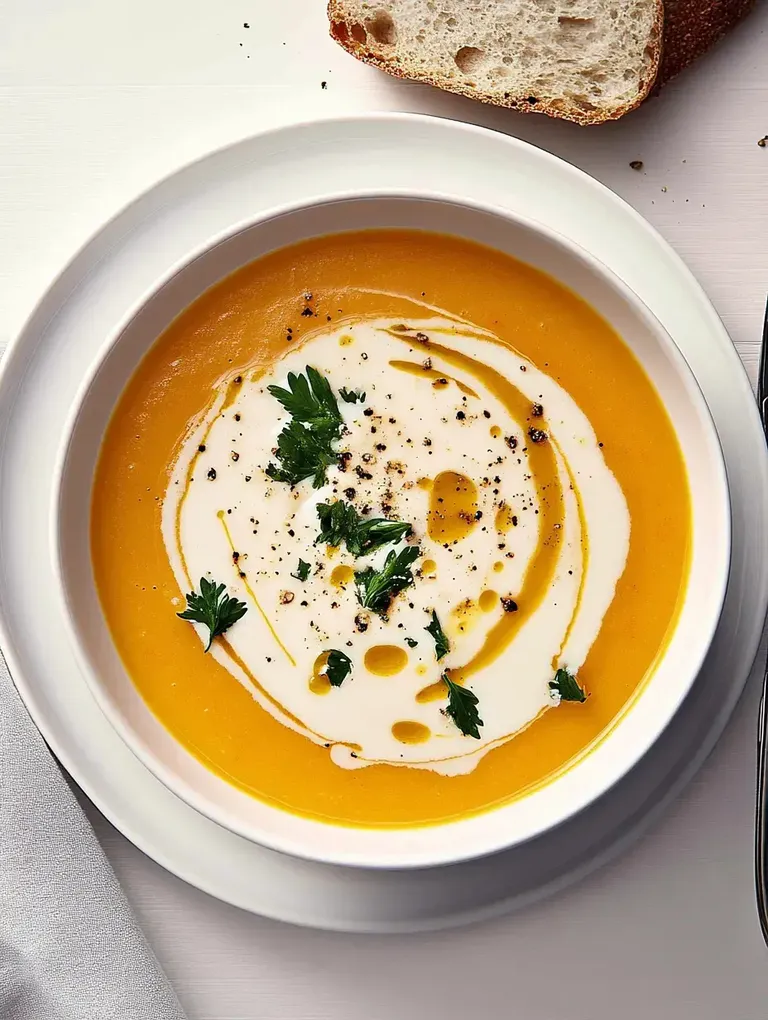 Eine Schüssel Kürbissuppe mit Sauerrahm, Olivenöl, Pfeffer und frischer Petersilie, serviert mit einem Stück Brot.