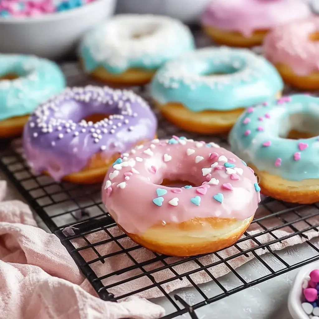 Bunte Donuts in verschiedenen Farben, dekoriert mit Zuckerstreuseln, liegen auf einem Abkühlgitter.