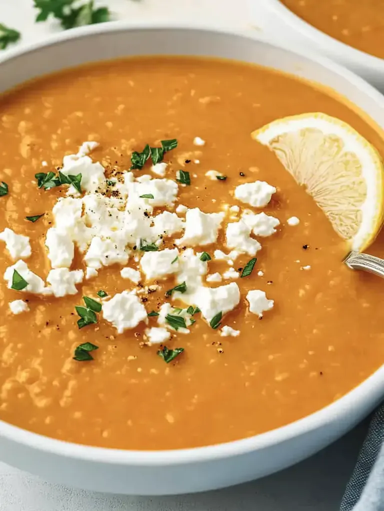 Eine Schüssel mit cremiger, orangefarbener Suppe, garniert mit weißen Käsemousse, frischem Koriander und einer Zitronenscheibe.