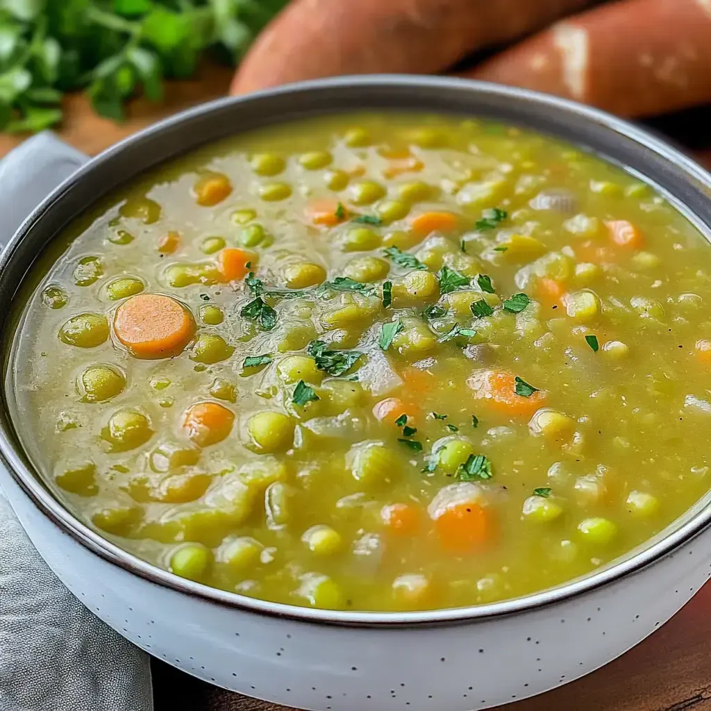Eine Schüssel mit Erbsensuppe, garniert mit frischem Koriander und Karottenstücken, vor einem verschwommenen Hintergrund mit Süßkartoffeln.