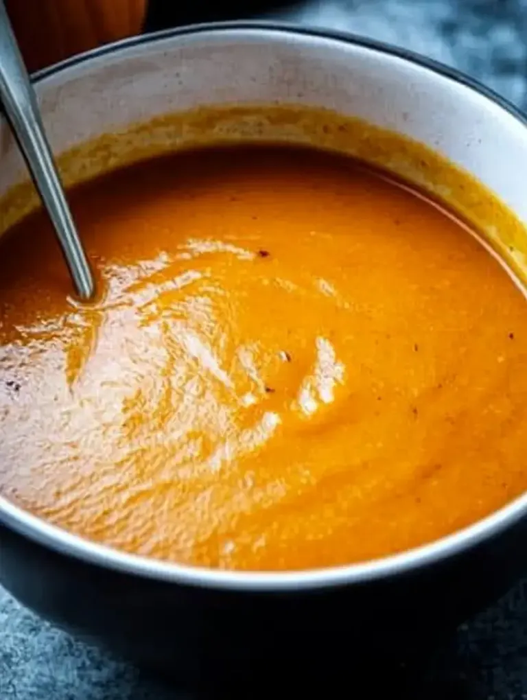 Ein schwarzer Teller mit cremiger, orangefarbener Suppe und einem Löffel darin.