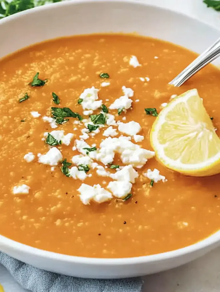 Eine Schüssel mit cremiger, oranger Suppe, garniert mit frischen Kräutern, bröckeligem weißen Käse und einer Scheibe Zitrone.