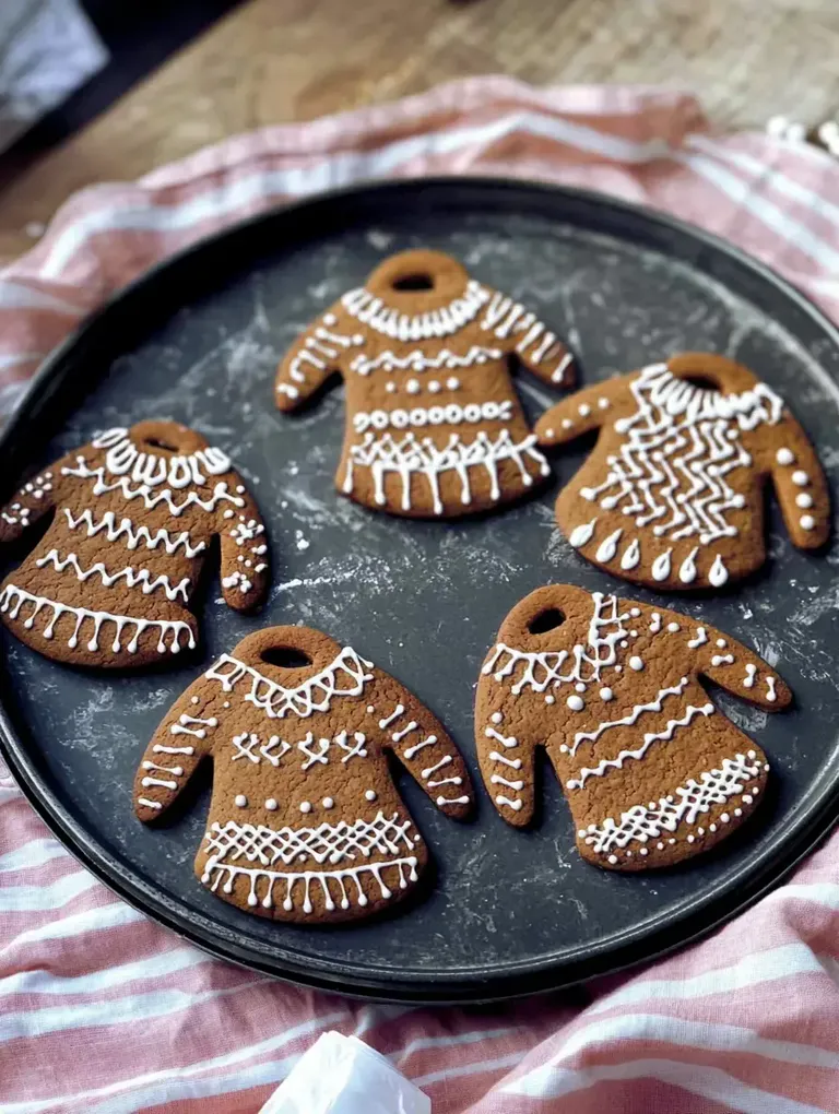 Ein Tablett mit sechs ausgebackenen Lebkuchen in Form von Pullovern, dekoriert mit weißem Zuckerguss.
