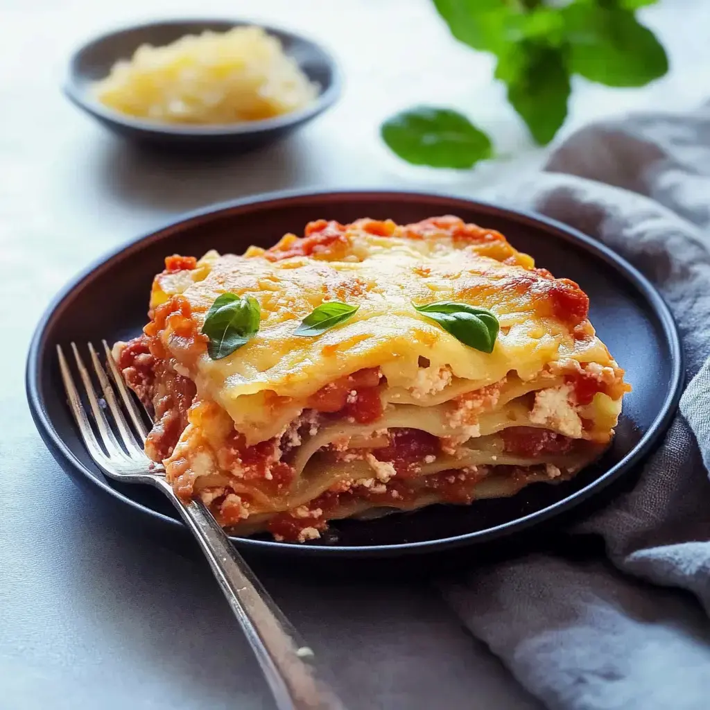 Ein Stück Lasagne mit Tomatensauce und frischem Basilikum auf einem schwarzen Teller, neben einem kleinen Schälchen mit geriebenem Käse.