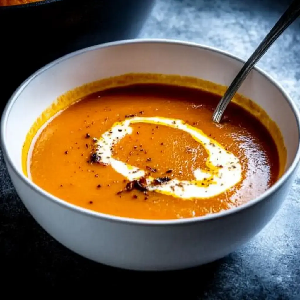 Eine Schüssel mit cremiger, orangefarbener Suppe, dekoriert mit Sahne und Gewürzen.