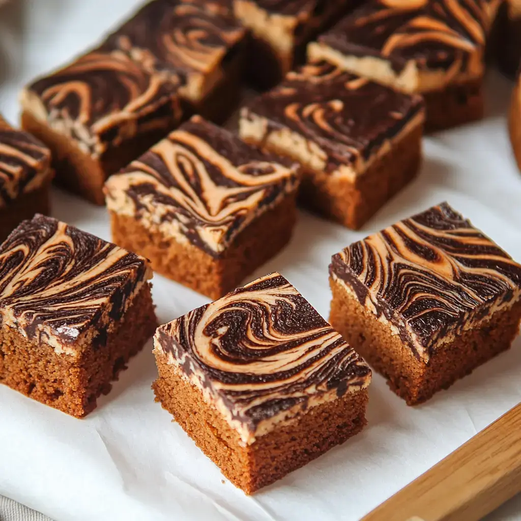 Auf dem Bild sind dicke, rechteckige Kuchenstücke mit einer schokoladigen, marmorierten Glasur zu sehen.