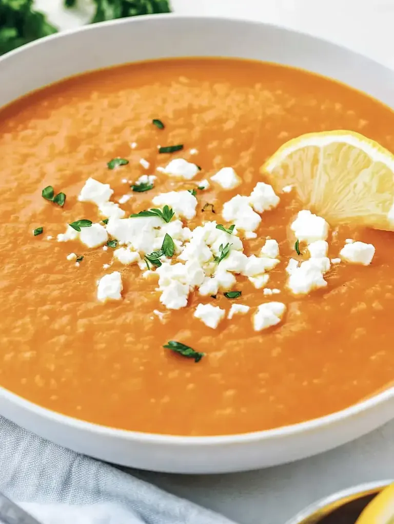 Eine Cremesuppe mit orangefarbener Farbe, garniert mit Feta-Käse und einem Zitronenstück, serviert in einer weißen Schüssel.