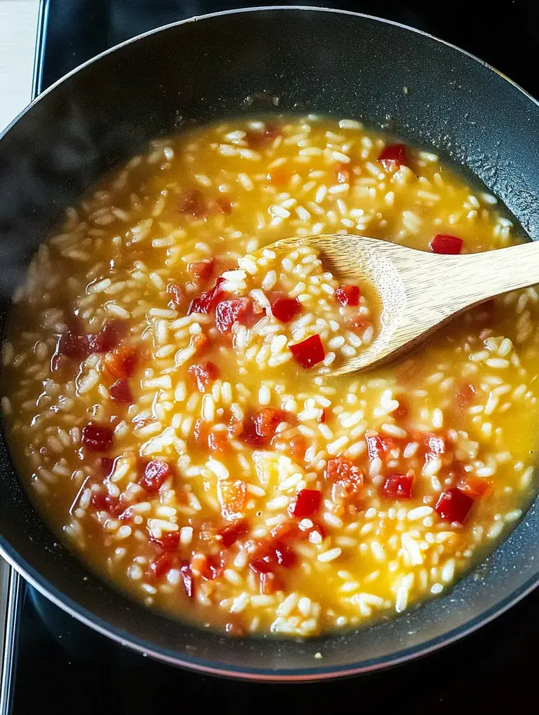 Ein Topf mit Risotto, das mit kleinen Tomatenstücken gekocht wird, während ein Holzlöffel darin umgerührt wird.