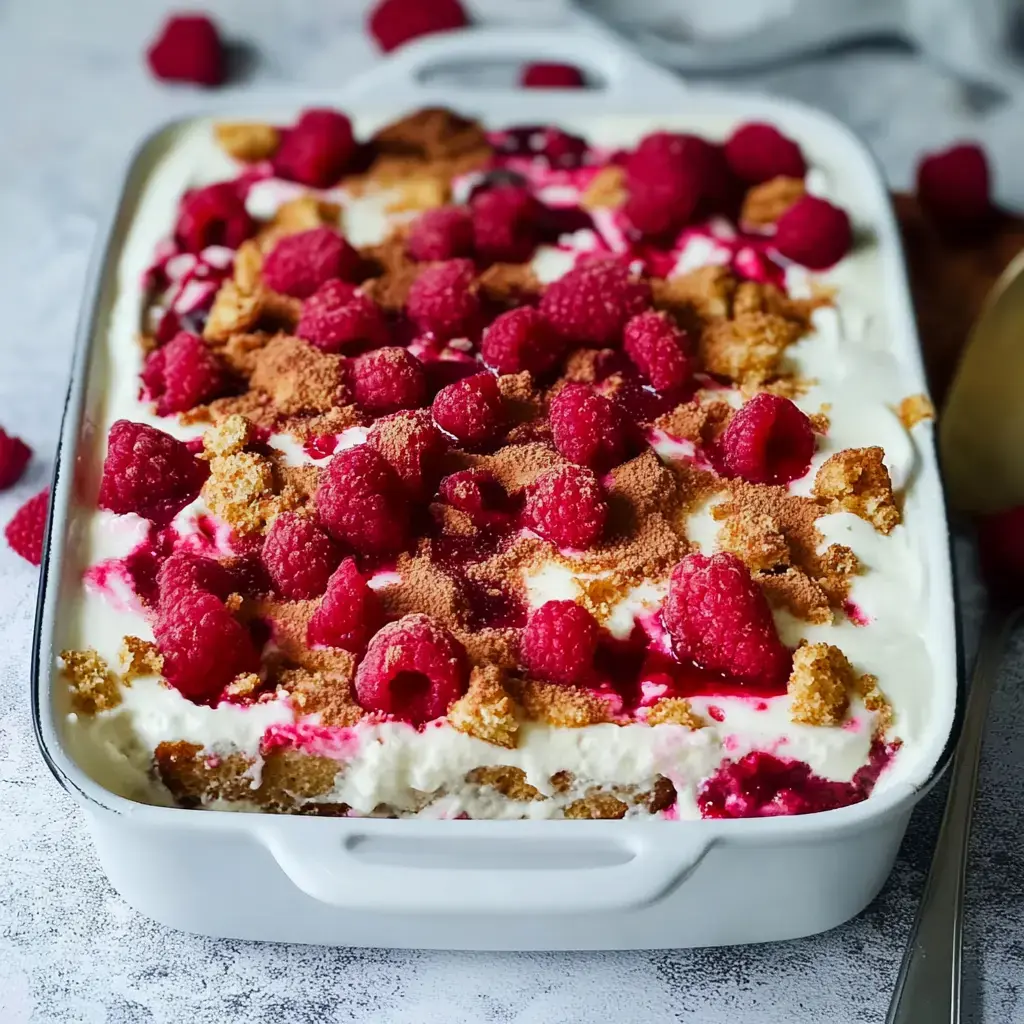 Ein köstliches Dessert in einer weißen Auflaufform, bedeckt mit frischen Himbeeren, Keksbröseln und Himbeersoße.