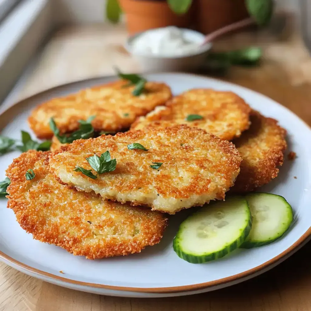 Ein Teller mit knusprig gebratenen Kartoffelpuffern, garniert mit frischer Petersilie und serviert mit Gurkenscheiben.