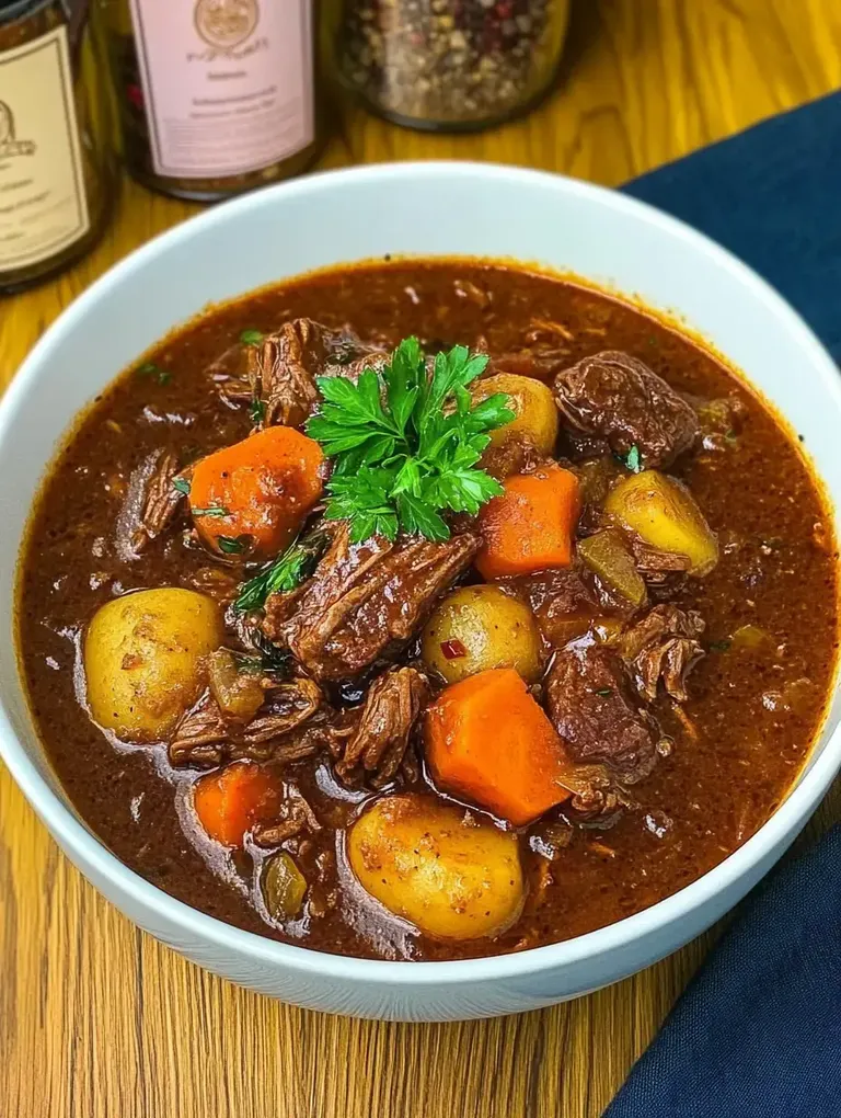 Ein Schüssel Rindfleischsuppe mit Karotten, Kartoffeln und Gewürzen, garniert mit frischer Petersilie.