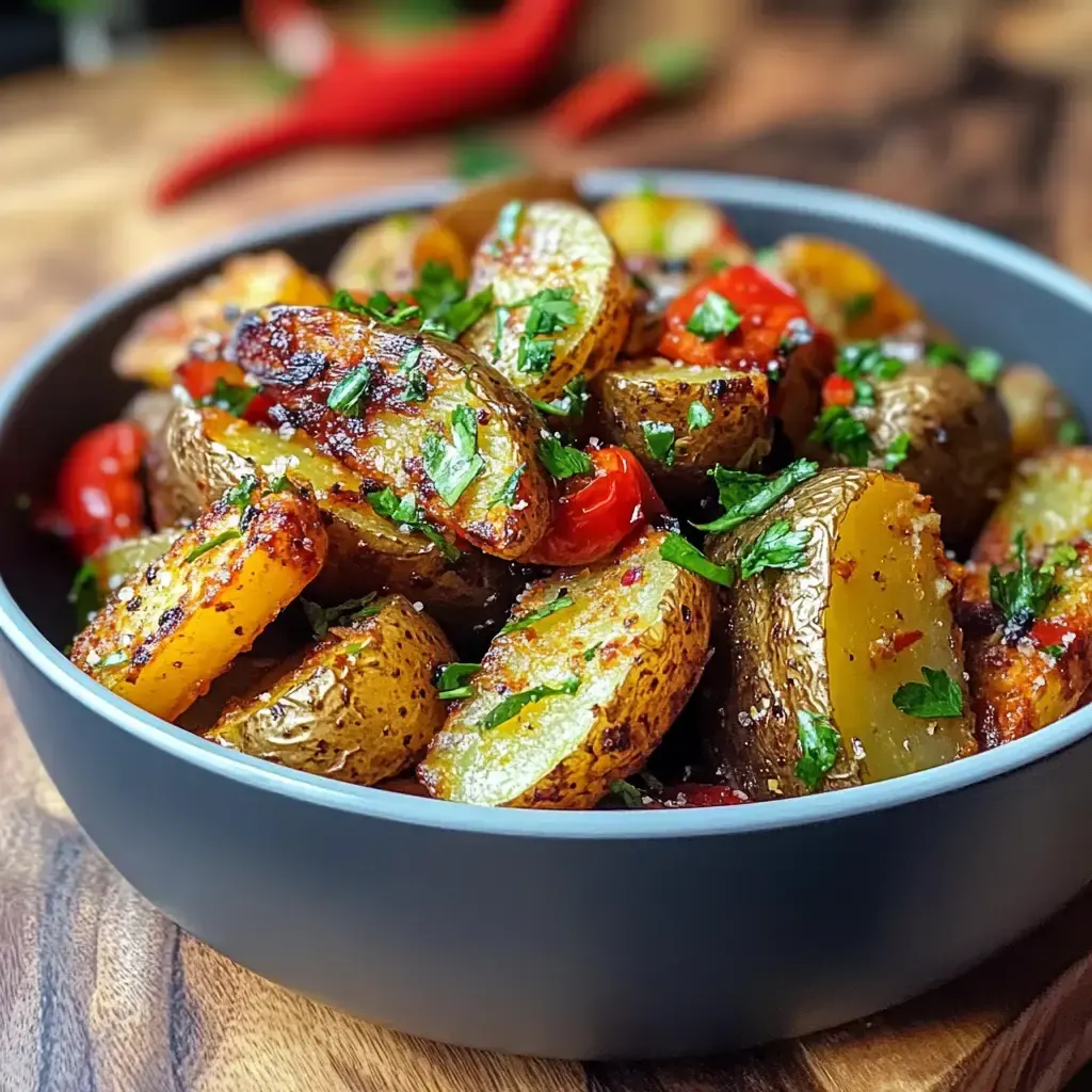 Eine Schüssel mit gebratenen Kartoffeln und buntem Gemüse, garniert mit frischer Petersilie.