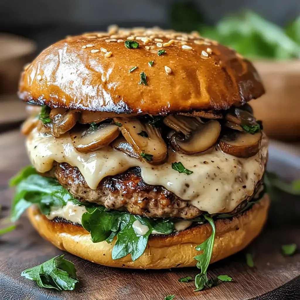 Ein saftiger Burger mit Pilzen, geschmolzenem Käse und frischen Salatblättern auf einem Sesam-Brötchen.