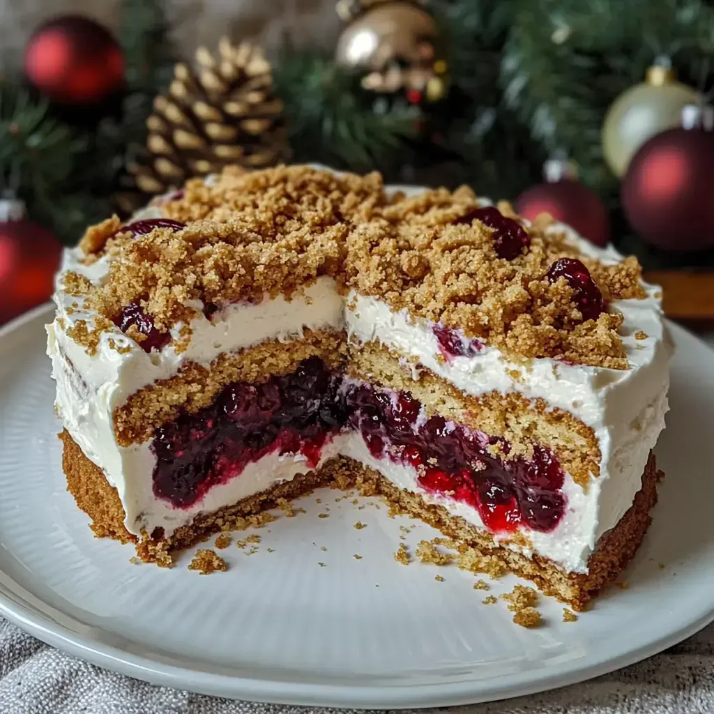 Ein anschaulicher Kuchen mit Schichten aus Sahne, kirschroter Füllung und Streuseln, dekoriert mit Weihnachtsbaumkugeln im Hintergrund.