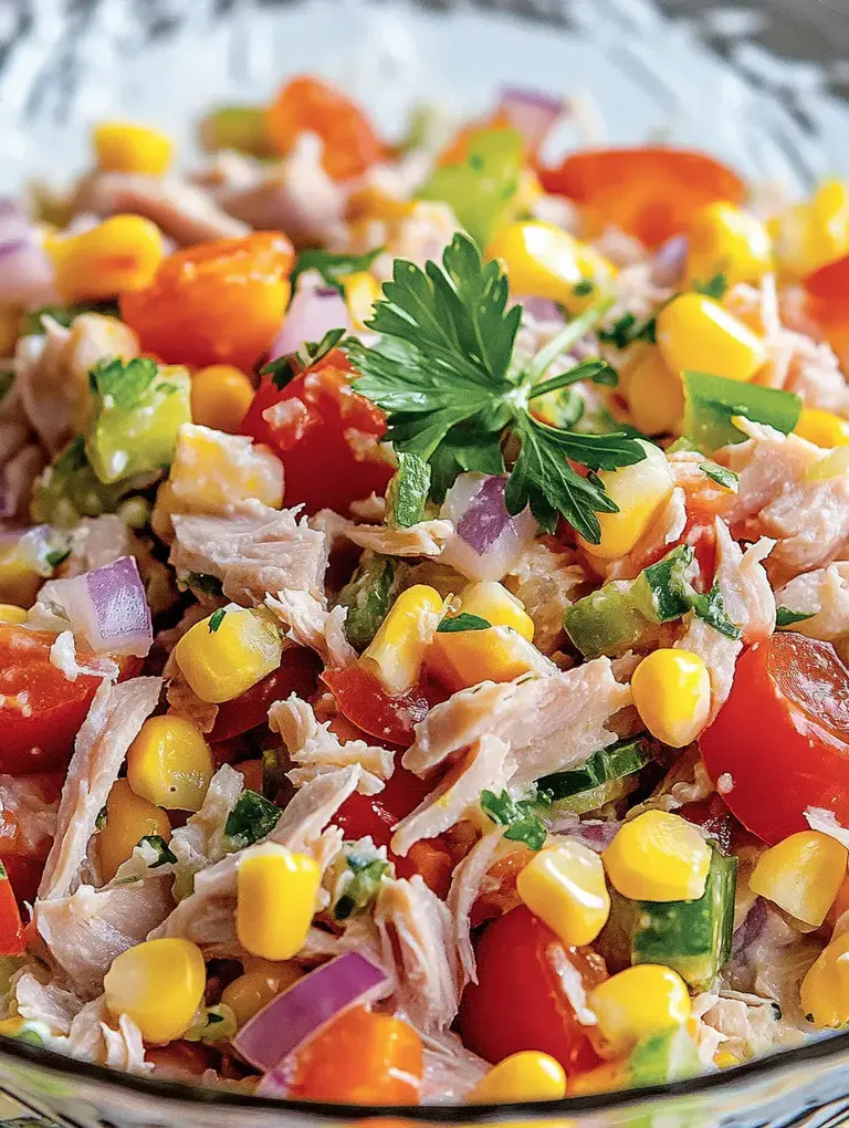 Ein bunter Salat aus zerrissenem Hähnchen, Tomaten, Mais, Paprika, Zwiebeln und frischer Petersilie.