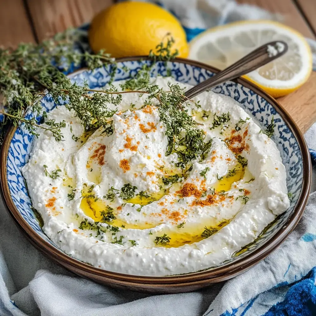 Ein Schüssel mit cremigem Dip aus Käse, garniert mit Olivenöl, Thymian und Paprika, neben einer Zitrone und Zitronenscheiben.