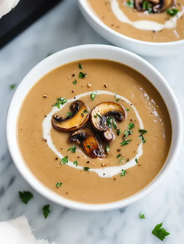 Eine cremige Pilzsuppe in einer weißen Schüssel, garniert mit frischen Kräutern und einem Klecks Sahne.