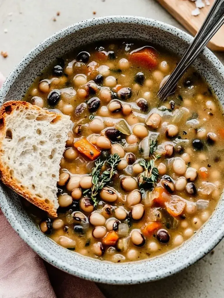 Eine Schüssel mit buntem Bohnensuppe, garniert mit frischen Kräutern und einem Stück Brot.