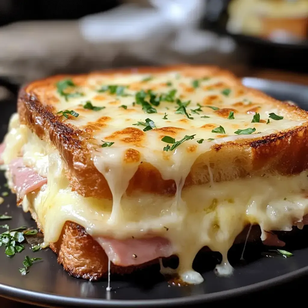 Ein gegrilltes Käse-Sandwich mit geschmolzenem Käse, Schinken und frischen Kräutern auf einem schwarzen Teller.
