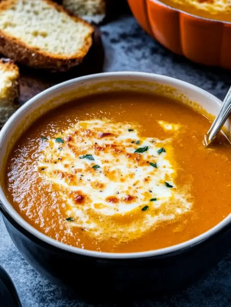 Eine Schüssel Tomatensuppe mit geschmolzenem Käse und frischen Kräutern, umgeben von knusprigem Brot.