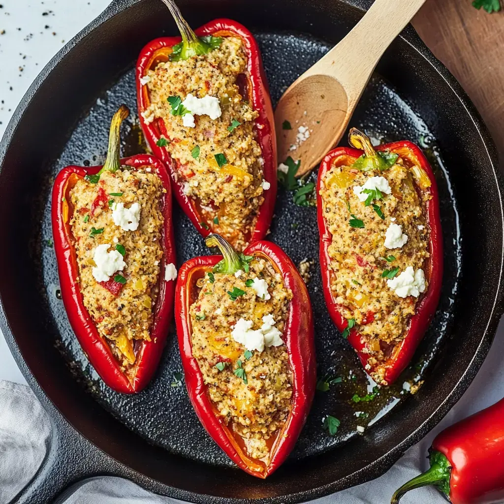 Gefüllte rote Paprika mit einer Mischung aus Käse und Kräutern, serviert in einer Pfanne.