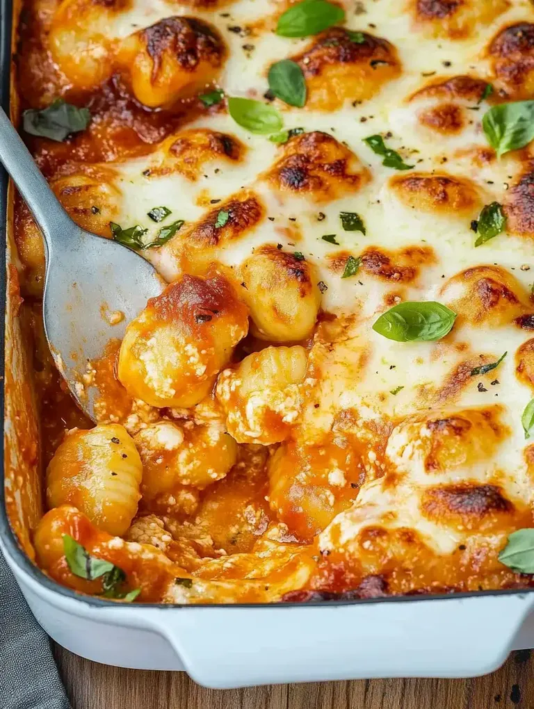 Ein Nudelgericht mit Gnocchi, Tomatensauce und geschmolzenem Käse, garniert mit frischem Basilikum.