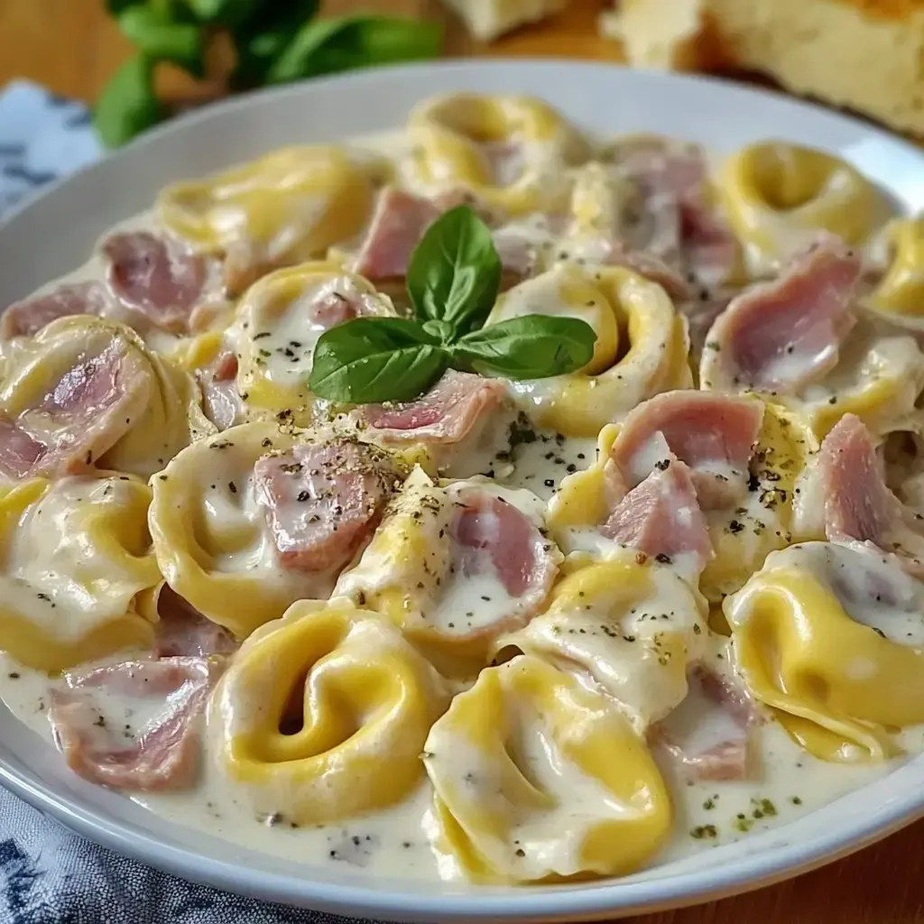Eine Schüssel mit Tortellini in einer cremigen Sauce, garniert mit frischem Basilikum und Schinkenstücken.