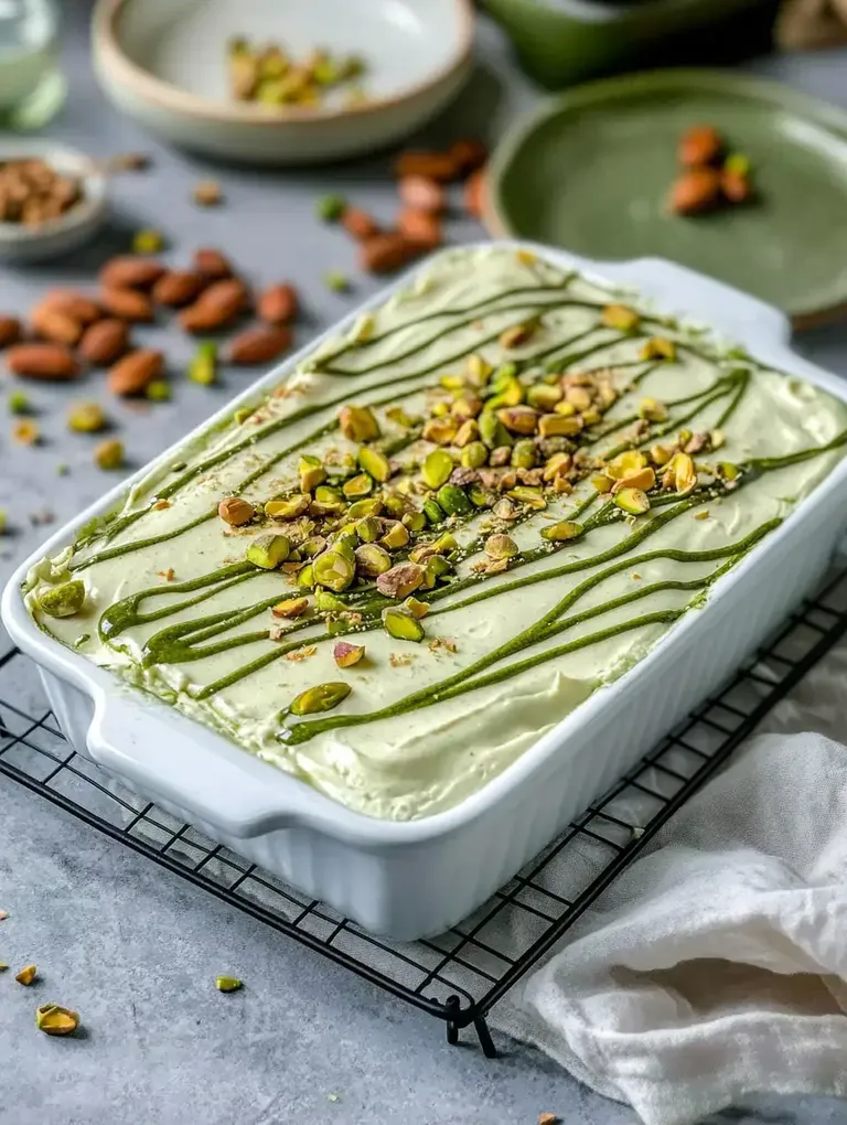 Ein rechteckiges Dessert in einer weißen Auflaufform, bedeckt mit einer grünen Creme und dekoriert mit gehackten Pistazien und einer grünen Soße.