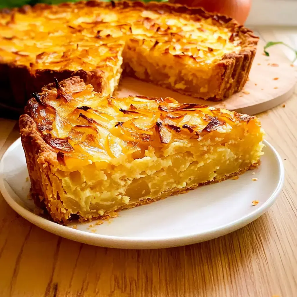 Ein Stück Apfelkuchen mit goldbrauner Kruste und fruchtiger Füllung auf einem weißen Teller.