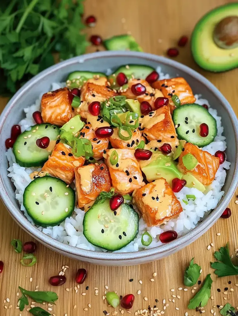 Eine Schüssel mit Reis, gegrilltem Lachs, Gurkenscheiben, Granatapfelkernen und Avocado, garniert mit Frühlingszwiebeln und Sesam.