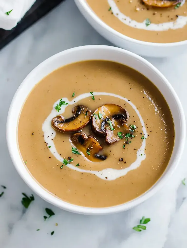 Ein tiefes Geschirr mit cremiger Pilzsuppe, garniert mit gebratenen Pilzen und einem Zwirn aus Sahne.