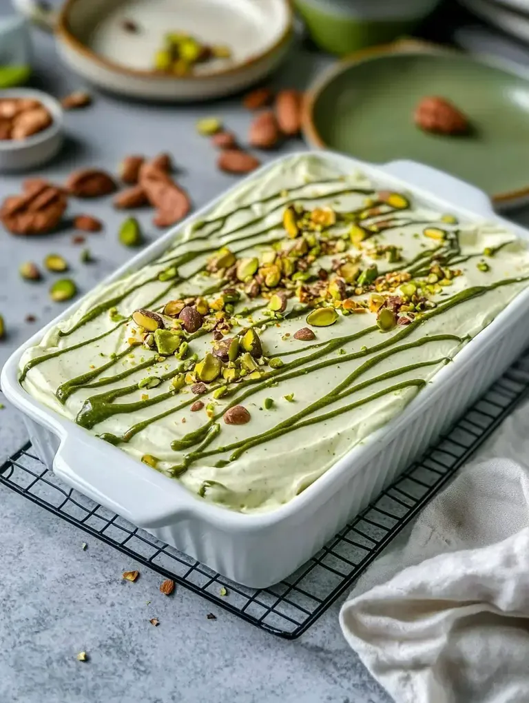 Ein Dessert in einer weißen Auflaufform, bedeckt mit einer grünen Creme, garniert mit gehackten Pistazien und einer grünen Sauce, umgeben von Nüssen und Tellern auf einem grauen Tisch.