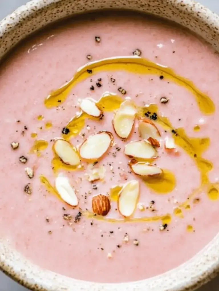 Eine Schüssel mit rosafarbener Suppe, garniert mit Mandelscheiben und einem Schuss Olivenöl.