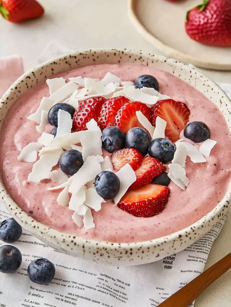 Eine Schüssel mit cremigem Erdbeer-Blaubeer-Joghurt, garniert mit frischen Erdbeeren, Heidelbeeren und Kokosraspeln.