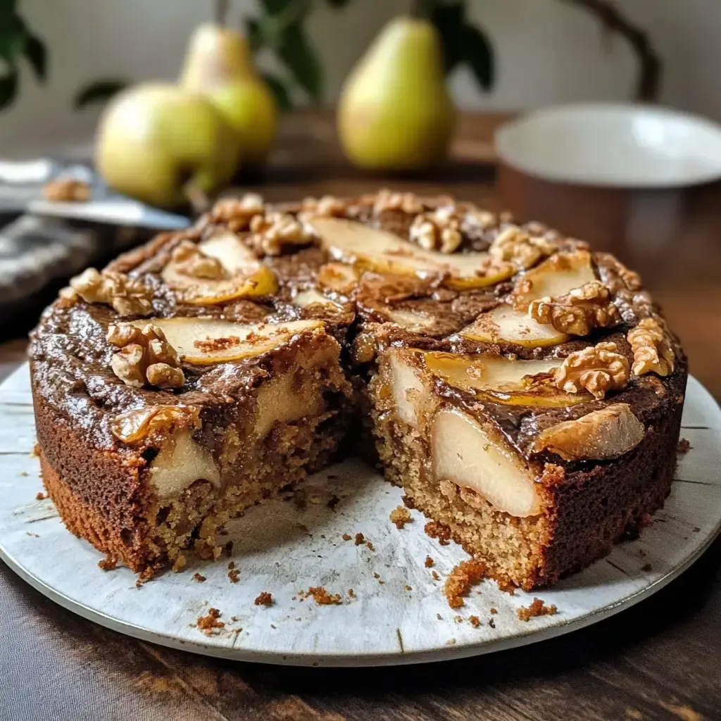 Ein köstlicher Nuss- und Birnenkuchen, der halbiert auf einem Holzbrett serviert wird, mit dekorativen Walnüssen und frischen Birnen im Hintergrund.