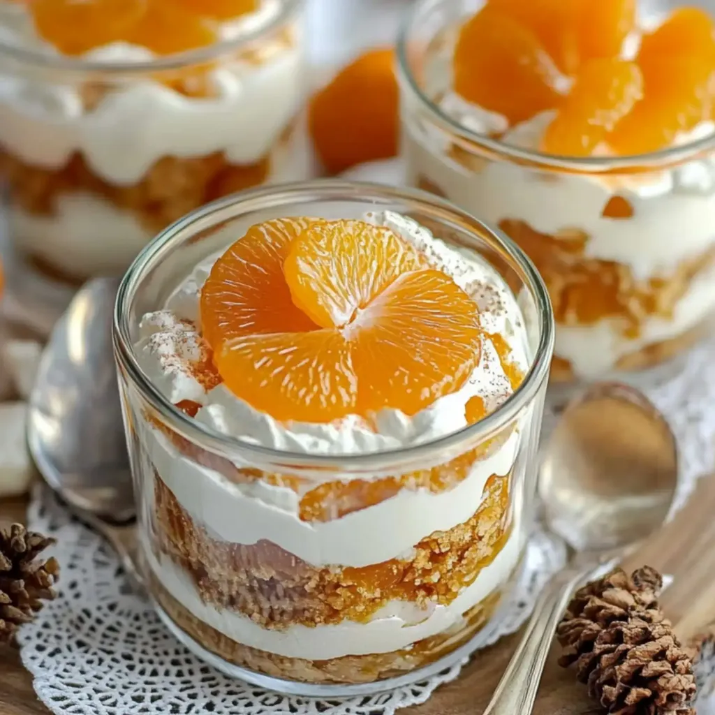 Ein Dessertglas mit Schichten aus Sahne, Keksen und Mandarinen, dekoriert mit einer Mandarine obendrauf.
