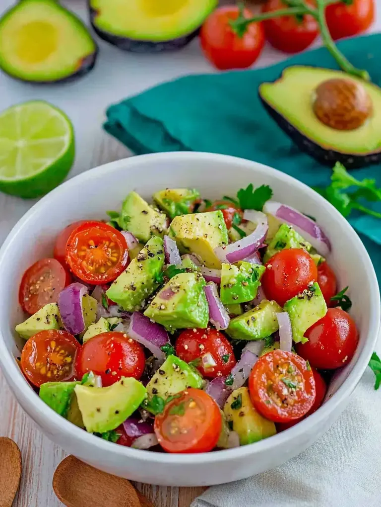 Eine Schüssel mit einem frischen Salat aus Avocado, Kirschtomaten, roten Zwiebeln und Kräutern, umgeben von Limetten und Avocados in der Nähe.