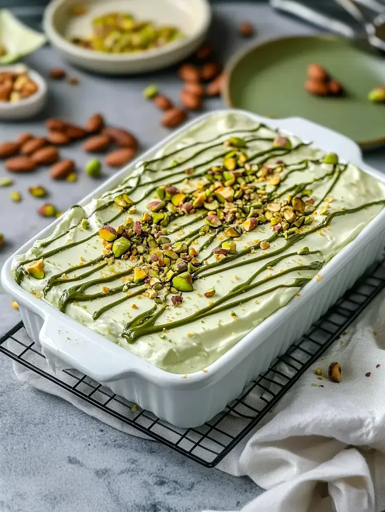Eine weiße Auflaufform mit grünem Pistazien-Dessert, garniert mit gehackten Pistazien und einer grünen Soße, steht auf einem Drahtgestell.
