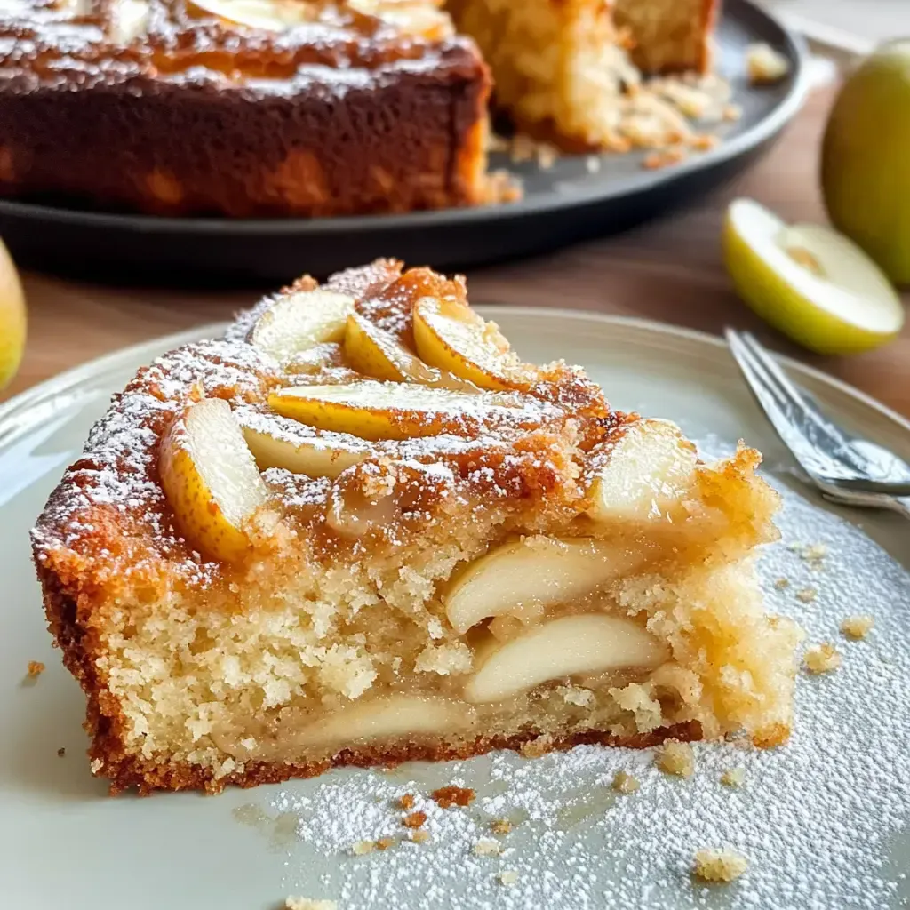 Ein Stück Apfelkuchen mit Puderzucker und Scheiben von grünen Äpfeln auf einem Teller, mit einem ganzen Kuchen im Hintergrund.