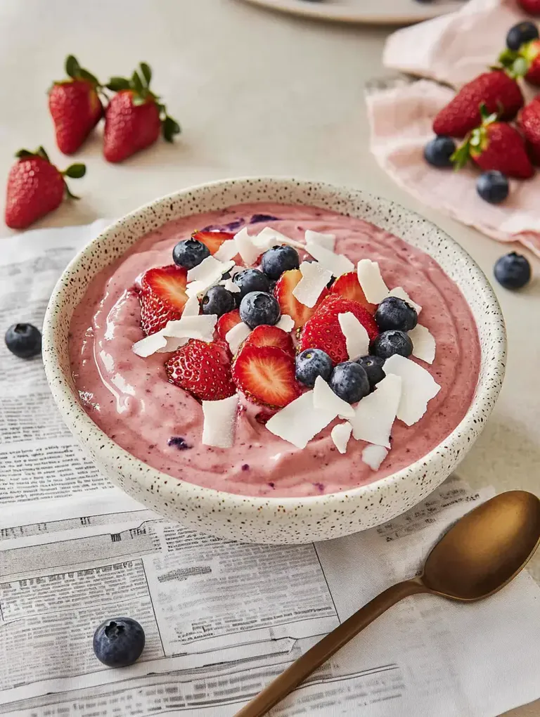 Eine Schüssel mit Erdbeeren, Heidelbeeren und Kokosraspeln auf einer cremigen, rosa Joghurtbasis, umgeben von frischen Früchten und einem goldenen Löffel.