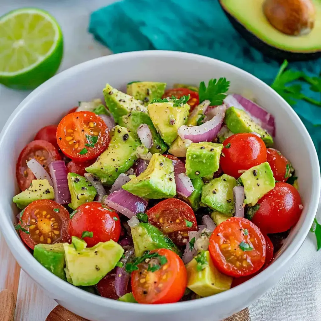 Eine Schüssel mit frischem Avocado- und Tomatensalat, garniert mit roten Zwiebeln und Koriander, auf einem hellen Hintergrund.