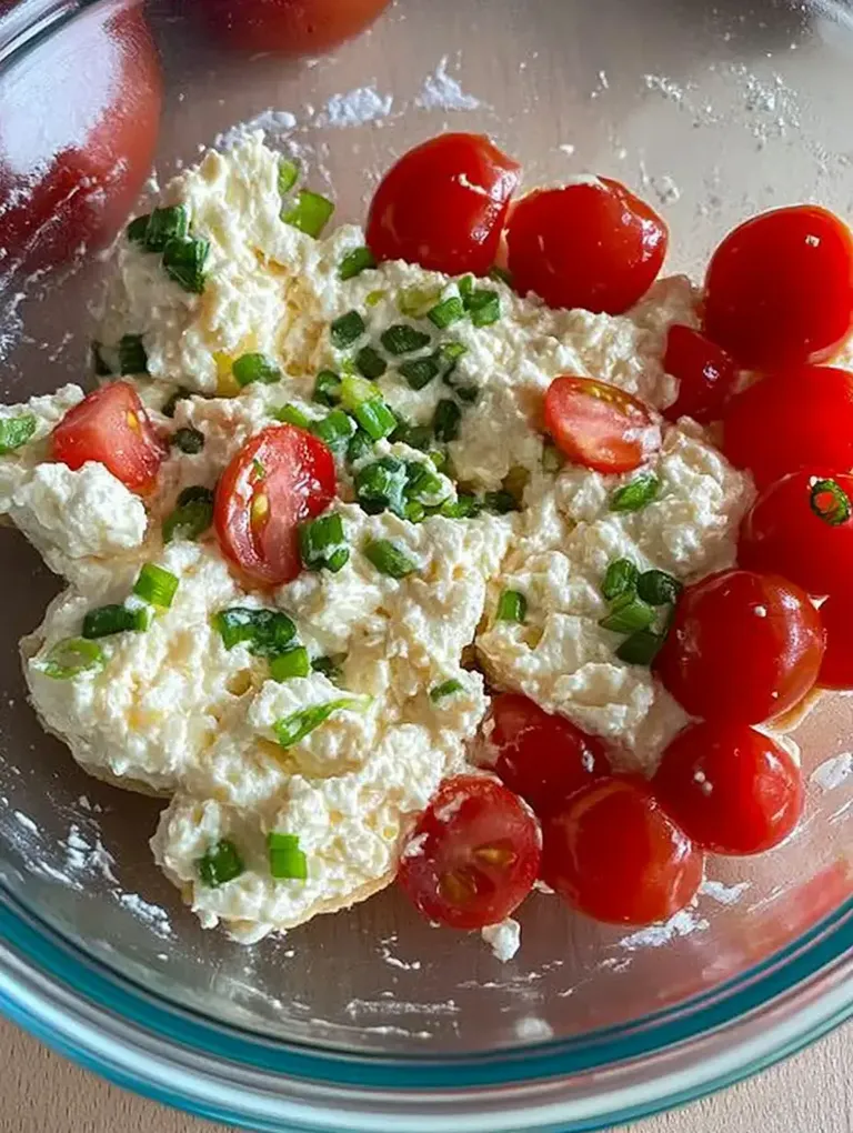 Eine Schüssel mit Ricotta, gehackten Frühlingszwiebeln und halbierten Cherrytomaten.