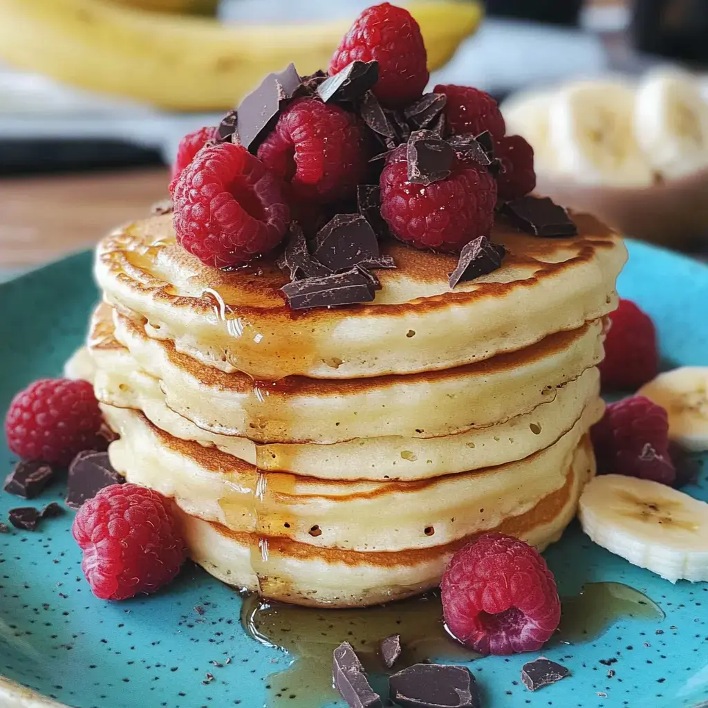 Ein Stapel fluffiger Pfannkuchen, garniert mit frischen Himbeeren, Schokoladenstückchen und Sirup, auf einem blauen Teller.