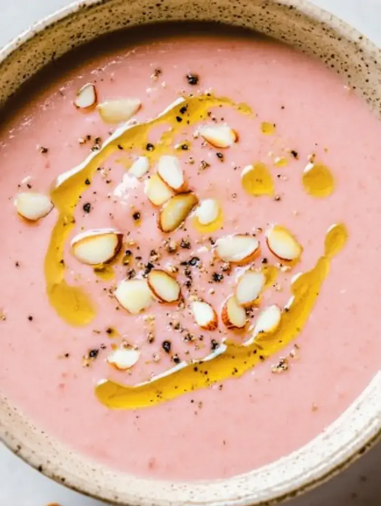 Eine cremige rosa Suppe mit Olivenöl, gehobelten Mandeln und schwarzem Pfeffer in einer Schüssel.